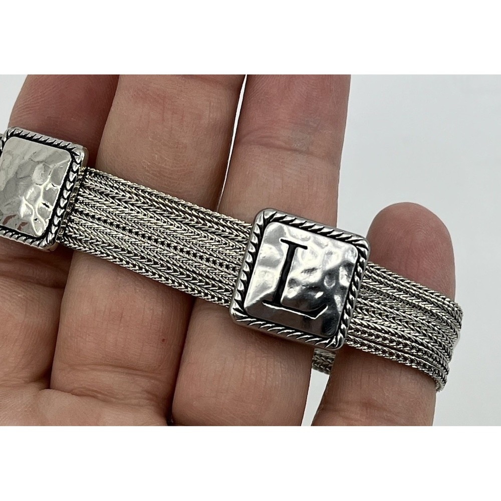 Silver tone Bracelet .5" Thick 8" Long Magnetic Clasp Letter L Monogram